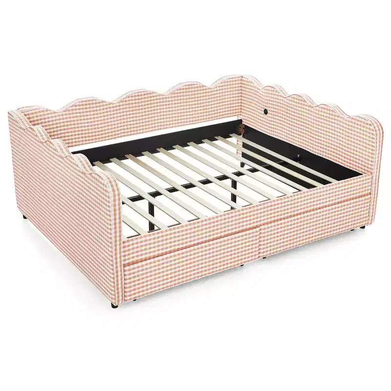 Divano letto Queen Size a Quadretti, Adorabile Struttura a Onda con 2 Cassetti, Porta USB, Tessuto in Lino - ModernLuxe