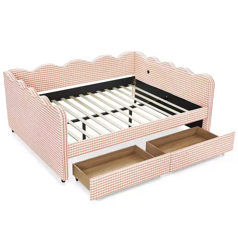 Divano letto Queen Size a Quadretti, Adorabile Struttura a Onda con 2 Cassetti, Porta USB, Tessuto in Lino - ModernLuxe