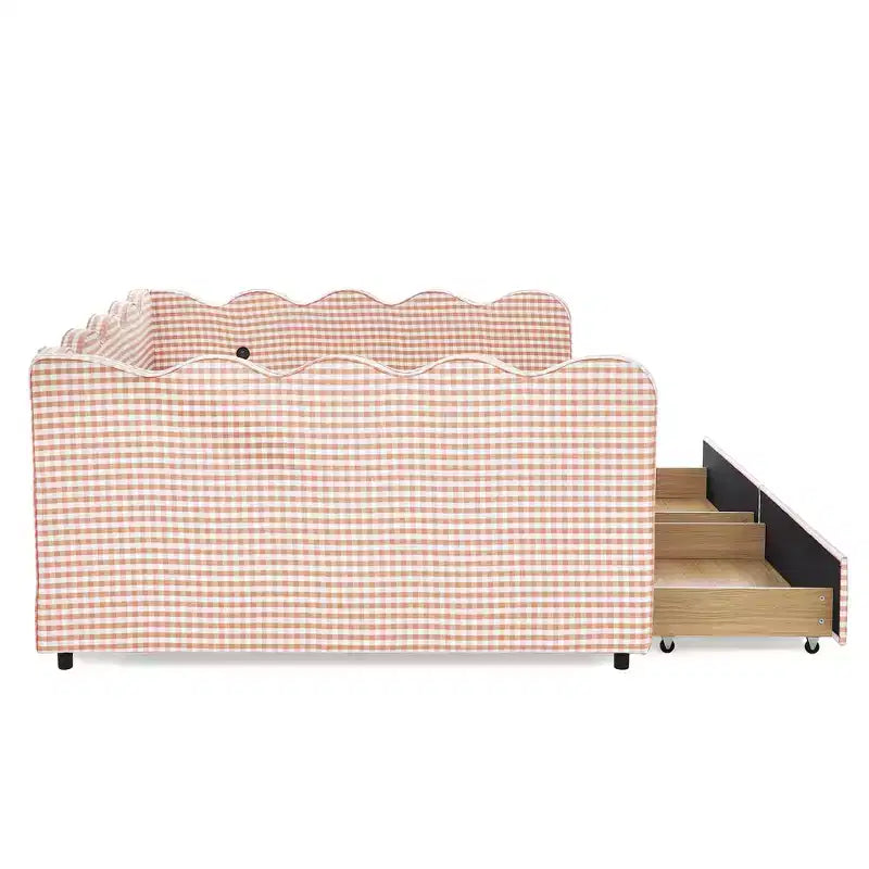 Divano letto Queen Size a Quadretti, Adorabile Struttura a Onda con 2 Cassetti, Porta USB, Tessuto in Lino - ModernLuxe