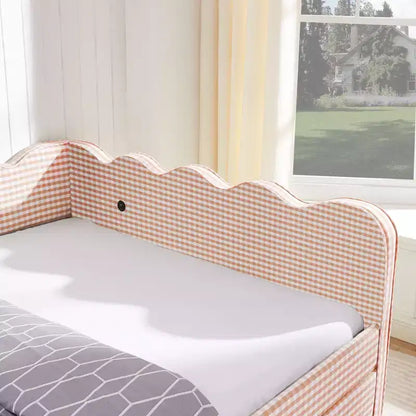 Divano letto Queen Size a Quadretti, Adorabile Struttura a Onda con 2 Cassetti, Porta USB, Tessuto in Lino - ModernLuxe