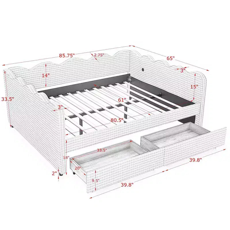 Divano letto Queen Size a Quadretti, Adorabile Struttura a Onda con 2 Cassetti, Porta USB, Tessuto in Lino - ModernLuxe