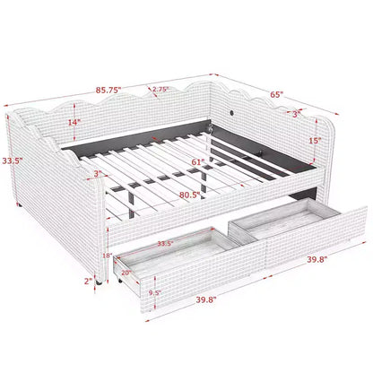Divano letto Queen Size a Quadretti, Adorabile Struttura a Onda con 2 Cassetti, Porta USB, Tessuto in Lino - ModernLuxe