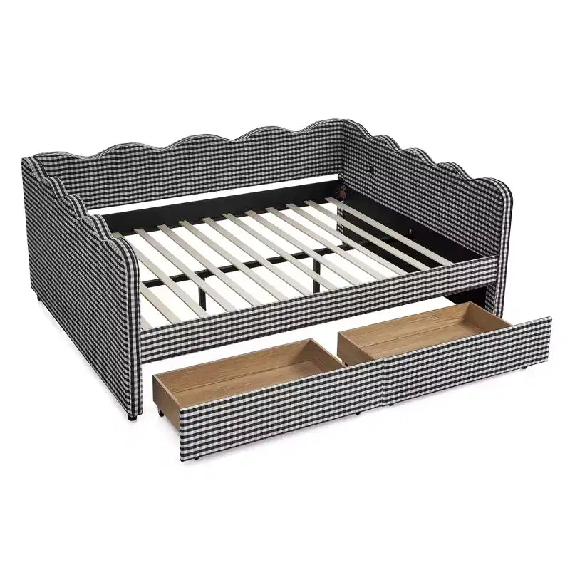 Divano letto Queen Size a Quadretti, Adorabile Struttura a Onda con 2 Cassetti, Porta USB, Tessuto in Lino - ModernLuxe