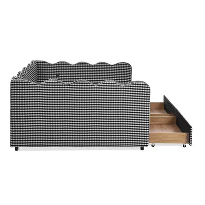 Divano letto Queen Size a Quadretti, Adorabile Struttura a Onda con 2 Cassetti, Porta USB, Tessuto in Lino - ModernLuxe