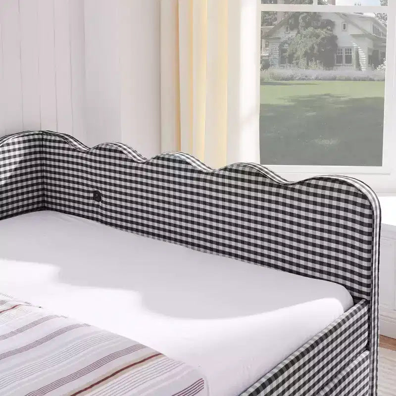 Divano letto Queen Size a Quadretti, Adorabile Struttura a Onda con 2 Cassetti, Porta USB, Tessuto in Lino - ModernLuxe