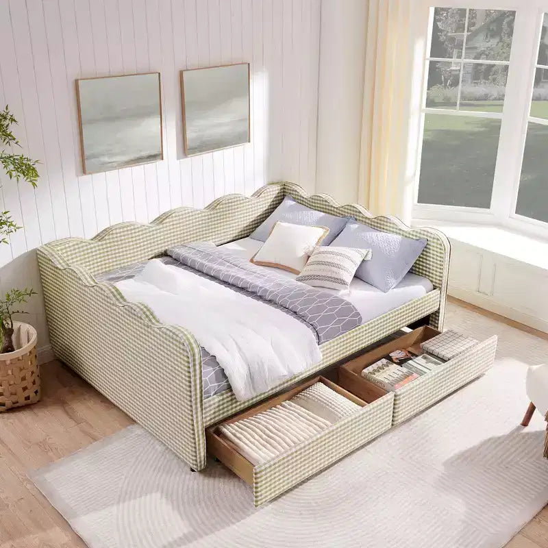 Divano letto Queen Size a Quadretti, Adorabile Struttura a Onda con 2 Cassetti, Porta USB, Tessuto in Lino - ModernLuxe
