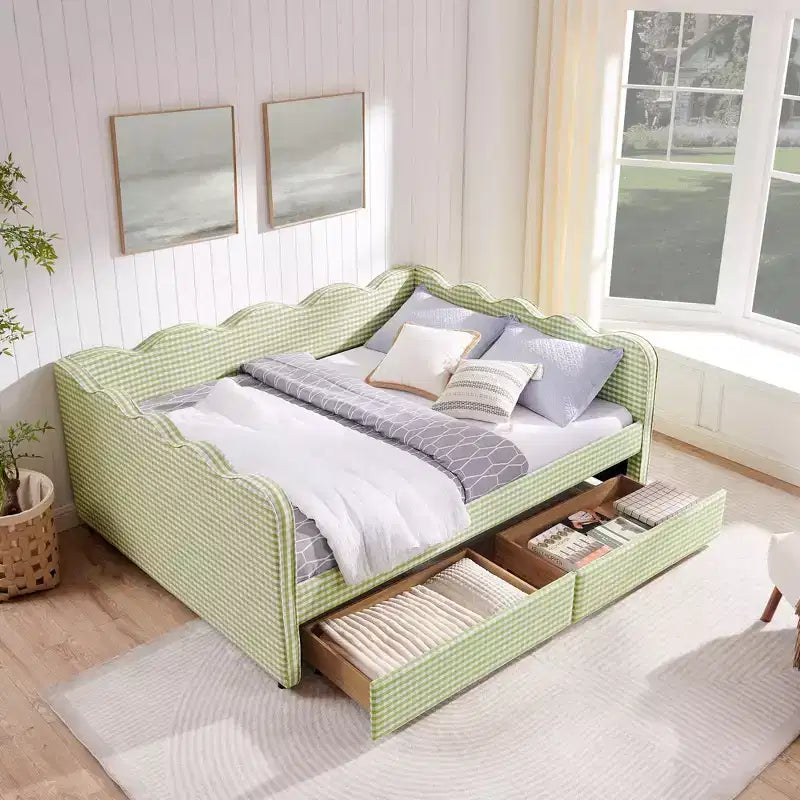 Divano letto Queen Size a Quadretti, Adorabile Struttura a Onda con 2 Cassetti, Porta USB, Tessuto in Lino - ModernLuxe