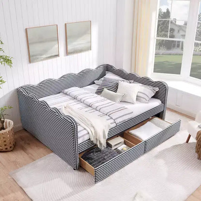 Divano letto Queen Size a Quadretti, Adorabile Struttura a Onda con 2 Cassetti, Porta USB, Tessuto in Lino - ModernLuxe