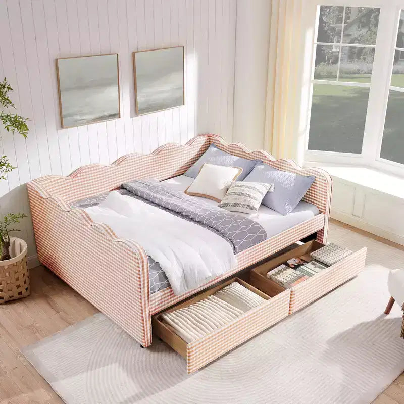 Divano letto Queen Size a Quadretti, Adorabile Struttura a Onda con 2 Cassetti, Porta USB, Tessuto in Lino - ModernLuxe