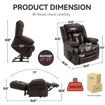 Dual Motor Infinite Position Up to 350 LBS Electric Medium size Genuine Leather Brown Power Lift Recliner Chair