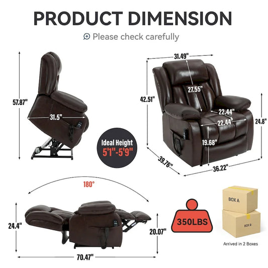 Dual Motor Infinite Position Up to 350 LBS Electric Medium size Genuine Leather Brown Power Lift Recliner Chair