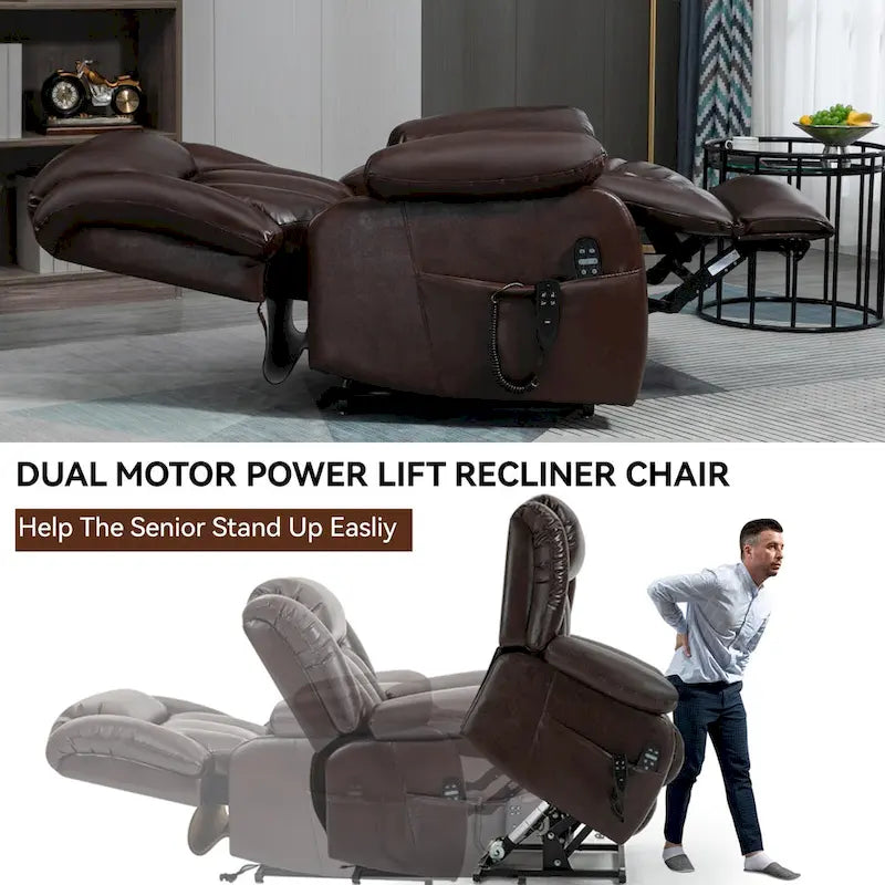 Dual Motor Infinite Position Up to 350 LBS Electric Medium size Genuine Leather Brown Power Lift Recliner Chair