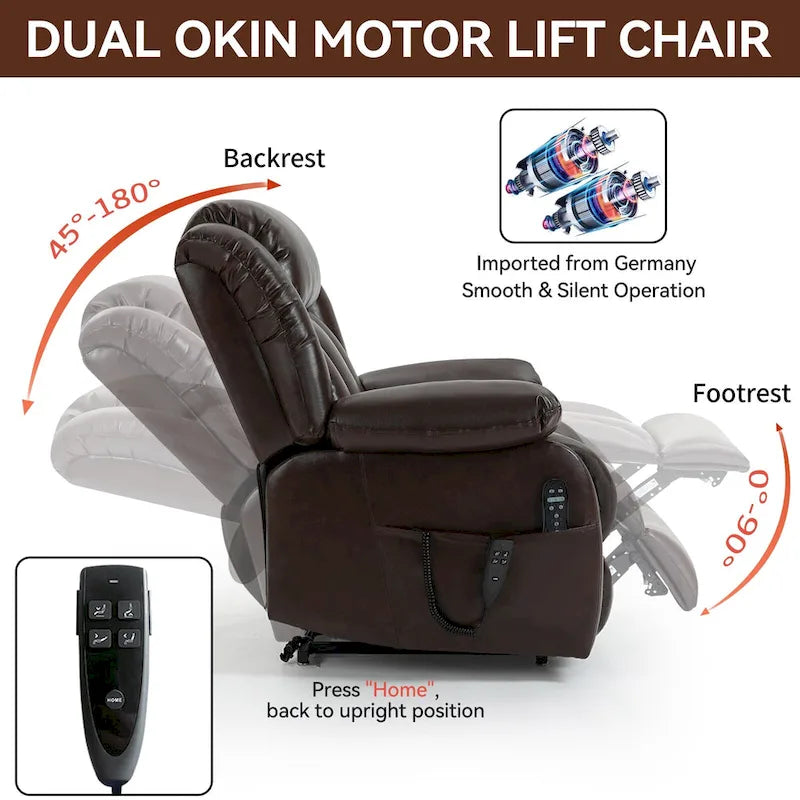 Dual Motor Infinite Position Up to 350 LBS Electric Medium size Genuine Leather Brown Power Lift Recliner Chair