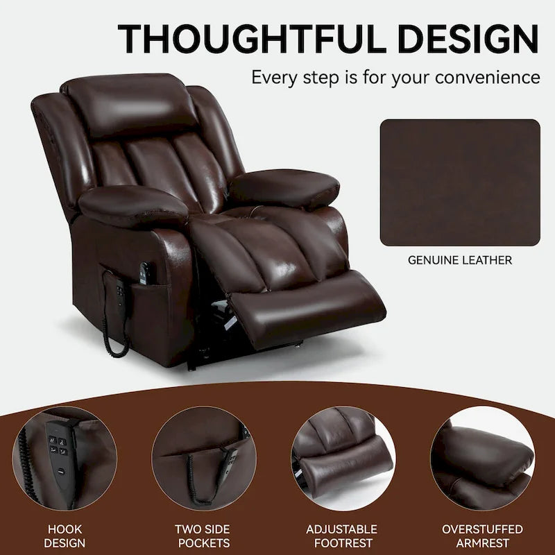 Dual Motor Infinite Position Up to 350 LBS Electric Medium size Genuine Leather Brown Power Lift Recliner Chair