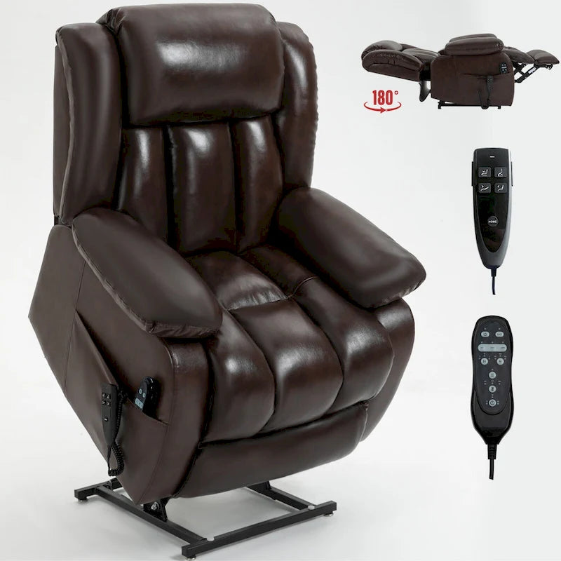 Dual Motor Infinite Position Up to 350 LBS Electric Medium size Genuine Leather Brown Power Lift Recliner Chair