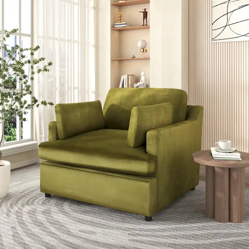 Green 37  Accent Chair with Plastic Legs and Decorative Pillows