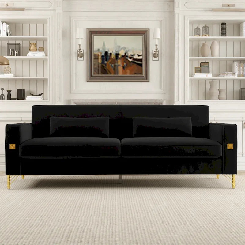 Black 85.63  Velvet 3-Seater Sofa with Gold Accents