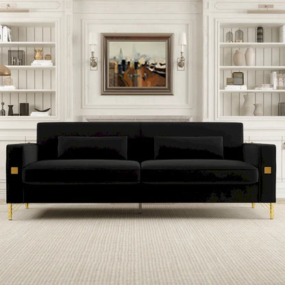 Black 85.63  Velvet 3-Seater Sofa with Gold Accents