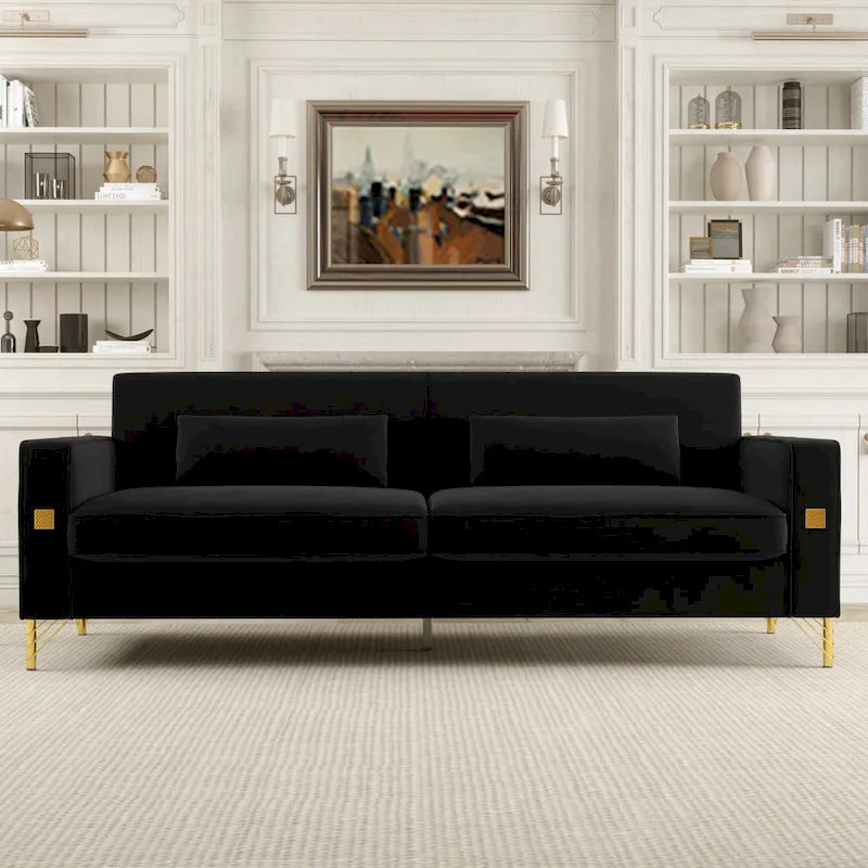 Black 85.63  Velvet 3-Seater Sofa with Gold Accents