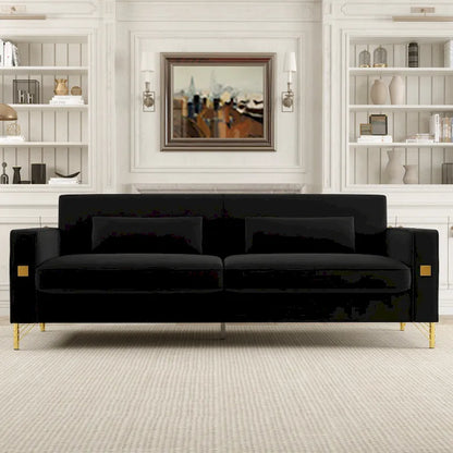 Black 85.63  Velvet 3-Seater Sofa with Gold Accents