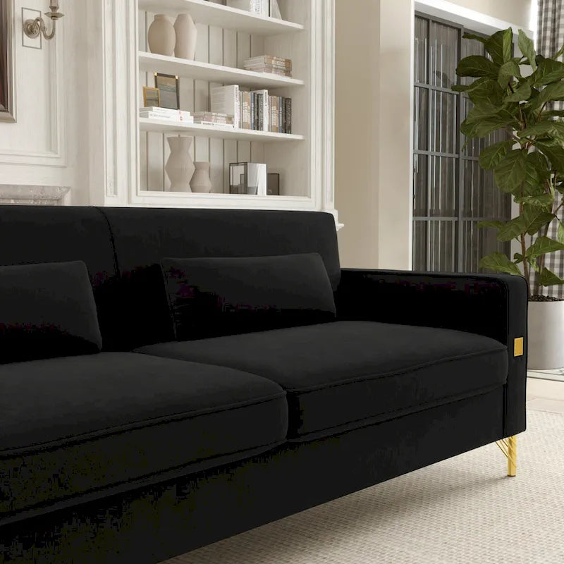 Black 85.63  Velvet 3-Seater Sofa with Gold Accents