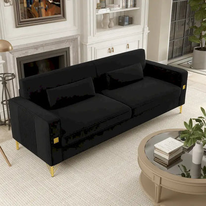 Black 85.63  Velvet 3-Seater Sofa with Gold Accents