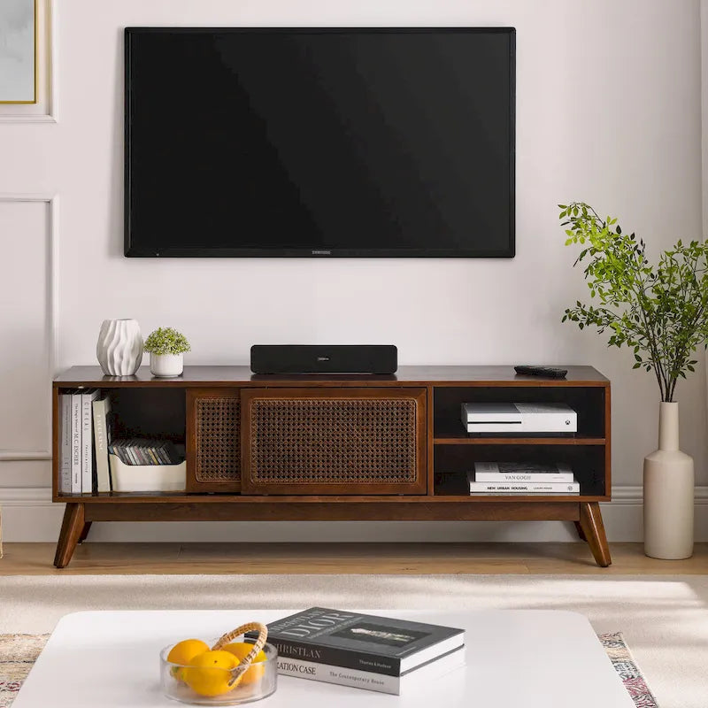 Walnut 59  TV Stand with Open Shelves & Rattan Doors for 65  TVs