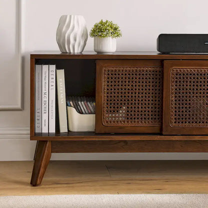 Walnut 59  TV Stand with Open Shelves & Rattan Doors for 65  TVs