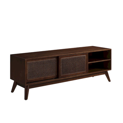 Walnut 59  TV Stand with Open Shelves & Rattan Doors for 65  TVs