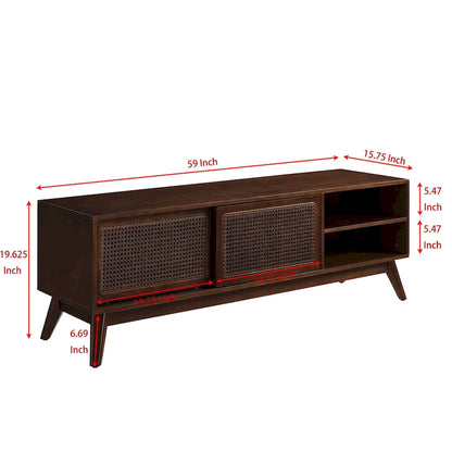 Walnut 59  TV Stand with Open Shelves & Rattan Doors for 65  TVs