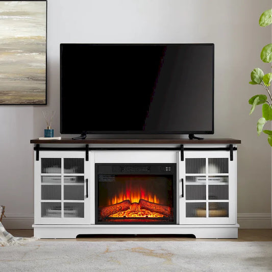 White 59.13  Fireplace TV Stand with Sliding Glass Doors and Storage Shelf for TVs Up to 65