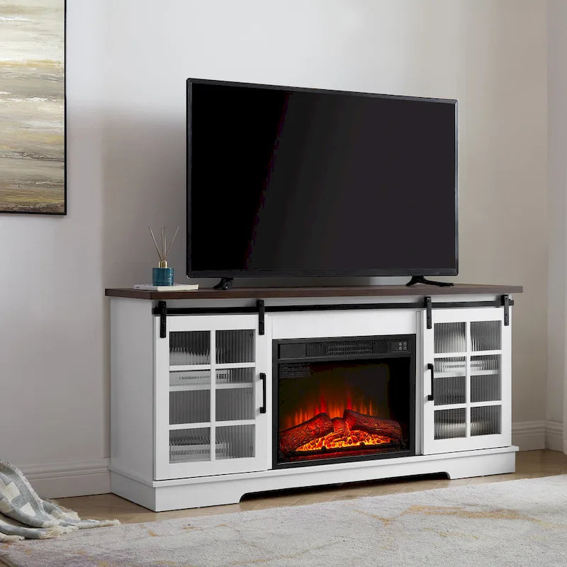 White 59.13  Fireplace TV Stand with Sliding Glass Doors and Storage Shelf for TVs Up to 65