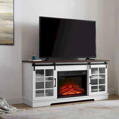 White 59.13  Fireplace TV Stand with Sliding Glass Doors and Storage Shelf for TVs Up to 65