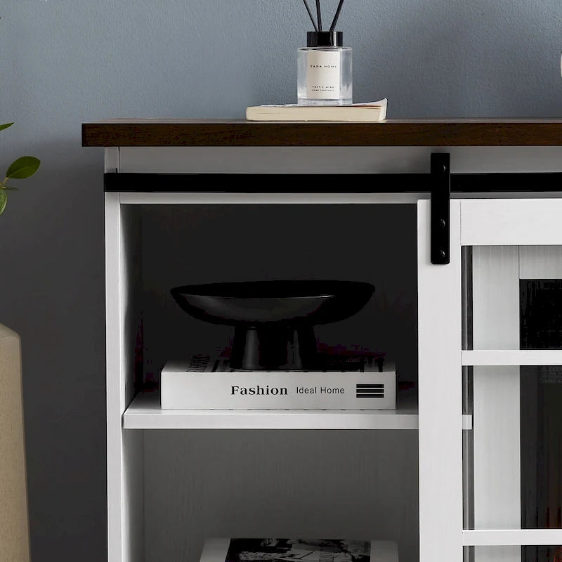 White 59.13  Fireplace TV Stand with Sliding Glass Doors and Storage Shelf for TVs Up to 65