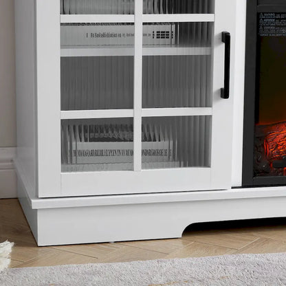 White 59.13  Fireplace TV Stand with Sliding Glass Doors and Storage Shelf for TVs Up to 65