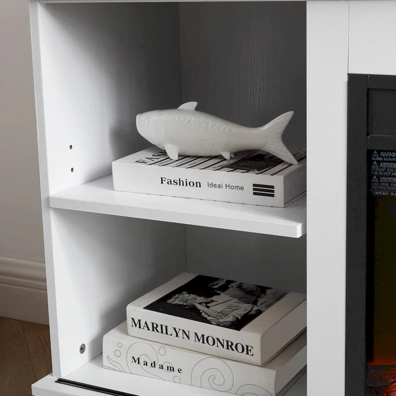 White 59.13  Fireplace TV Stand with Sliding Glass Doors and Storage Shelf for TVs Up to 65