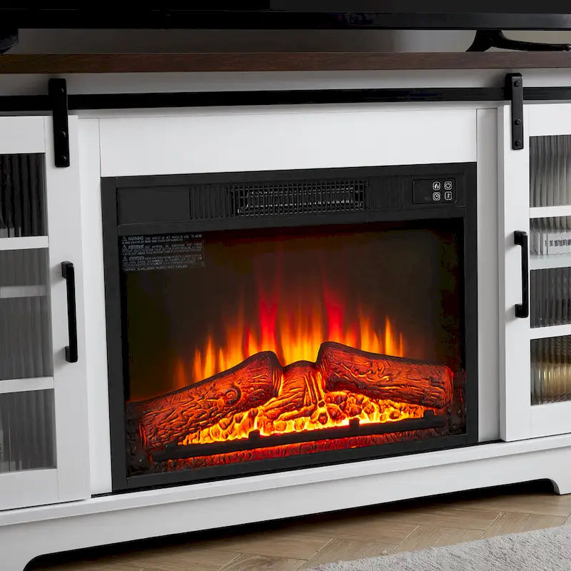 White 59.13  Fireplace TV Stand with Sliding Glass Doors and Storage Shelf for TVs Up to 65