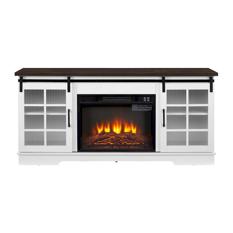 White 59.13  Fireplace TV Stand with Sliding Glass Doors and Storage Shelf for TVs Up to 65