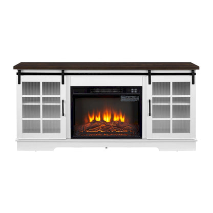 White 59.13  Fireplace TV Stand with Sliding Glass Doors and Storage Shelf for TVs Up to 65