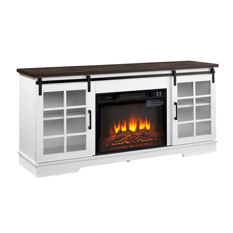White 59.13  Fireplace TV Stand with Sliding Glass Doors and Storage Shelf for TVs Up to 65