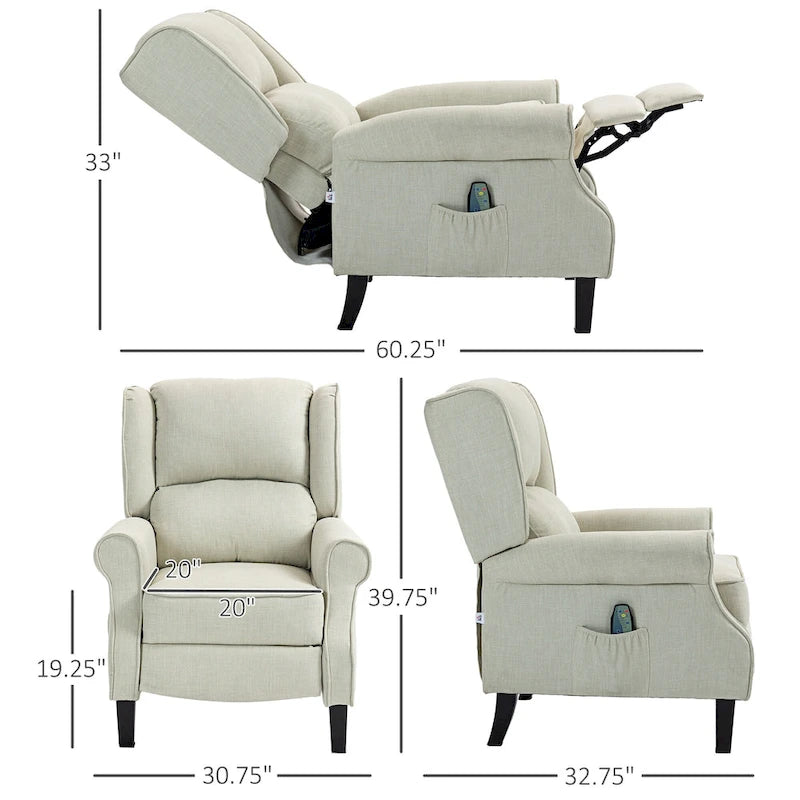White Linen Wingback Recliner with Vibration Massage, Heat, Footrest