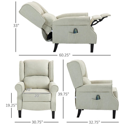 White Linen Wingback Recliner with Vibration Massage, Heat, Footrest