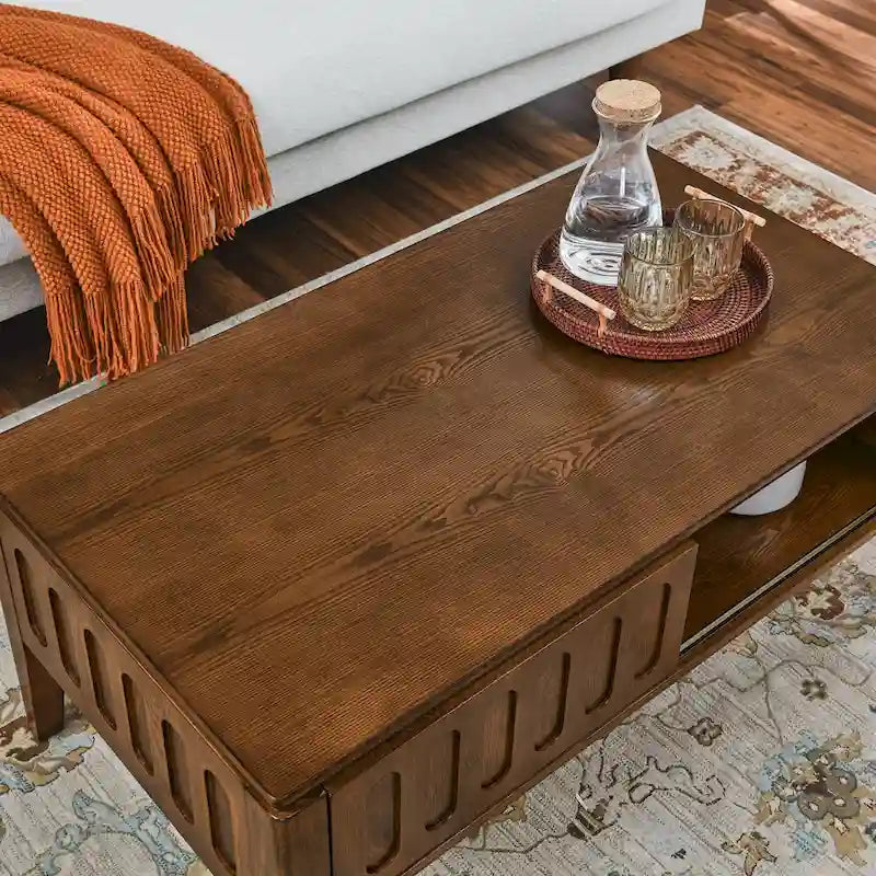 Mid Century Modern Fluted Coffee Table with Storage Sliding Door & Solid Wood Leg, Vintage Farmhouse Wood Center Table