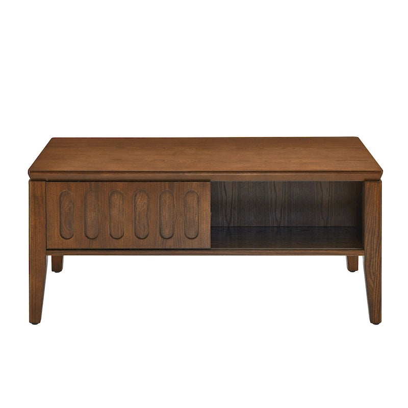 Mid Century Modern Fluted Coffee Table with Storage Sliding Door & Solid Wood Leg, Vintage Farmhouse Wood Center Table
