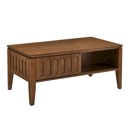 Mid Century Modern Fluted Coffee Table with Storage Sliding Door & Solid Wood Leg, Vintage Farmhouse Wood Center Table