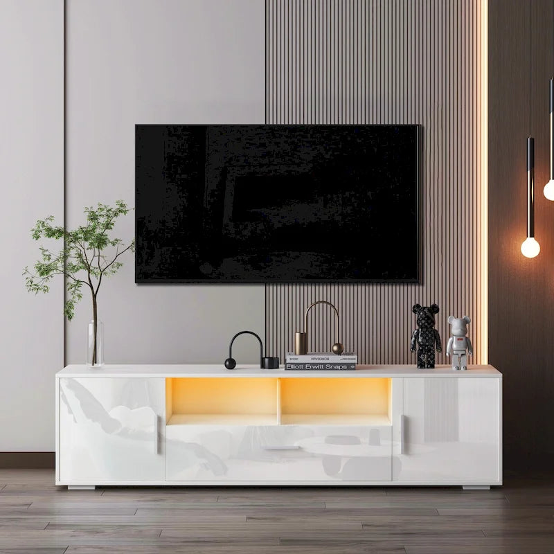 White 62.99  TV Stand with LED Lights, Cabinets, and Open Shelves for TVs Up to 65