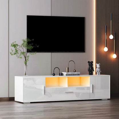 White 62.99  TV Stand with LED Lights, Cabinets, and Open Shelves for TVs Up to 65