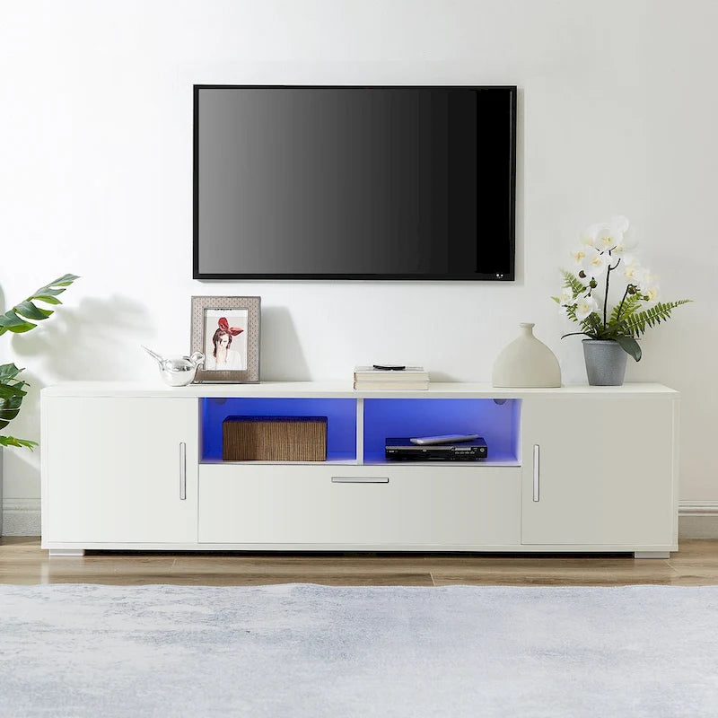 White 62.99  TV Stand with LED Lights, Cabinets, and Open Shelves for TVs Up to 65