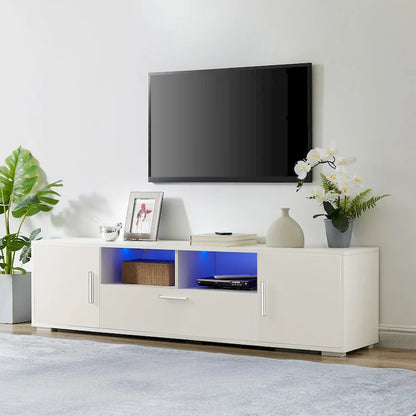 White 62.99  TV Stand with LED Lights, Cabinets, and Open Shelves for TVs Up to 65