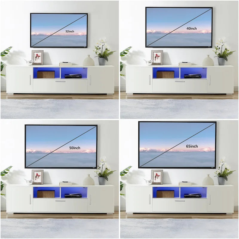 White 62.99  TV Stand with LED Lights, Cabinets, and Open Shelves for TVs Up to 65